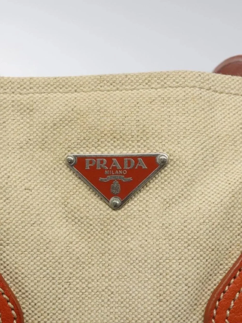 PRADA Hand Bag Canvas Beige Silver Auth EC559